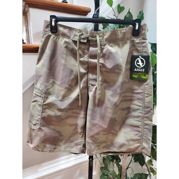 Aigle Army Fatigue Camouflage Cargo Logo Print Pull On Swimwear Shorts M - Picture 1 of 10